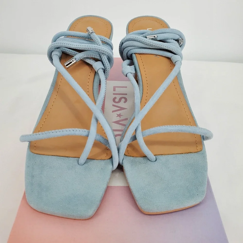 Lisa Vicky Womens 6.5M Zag Ankle Tie Sandal In Sky Blue Suede Heels Strappy New